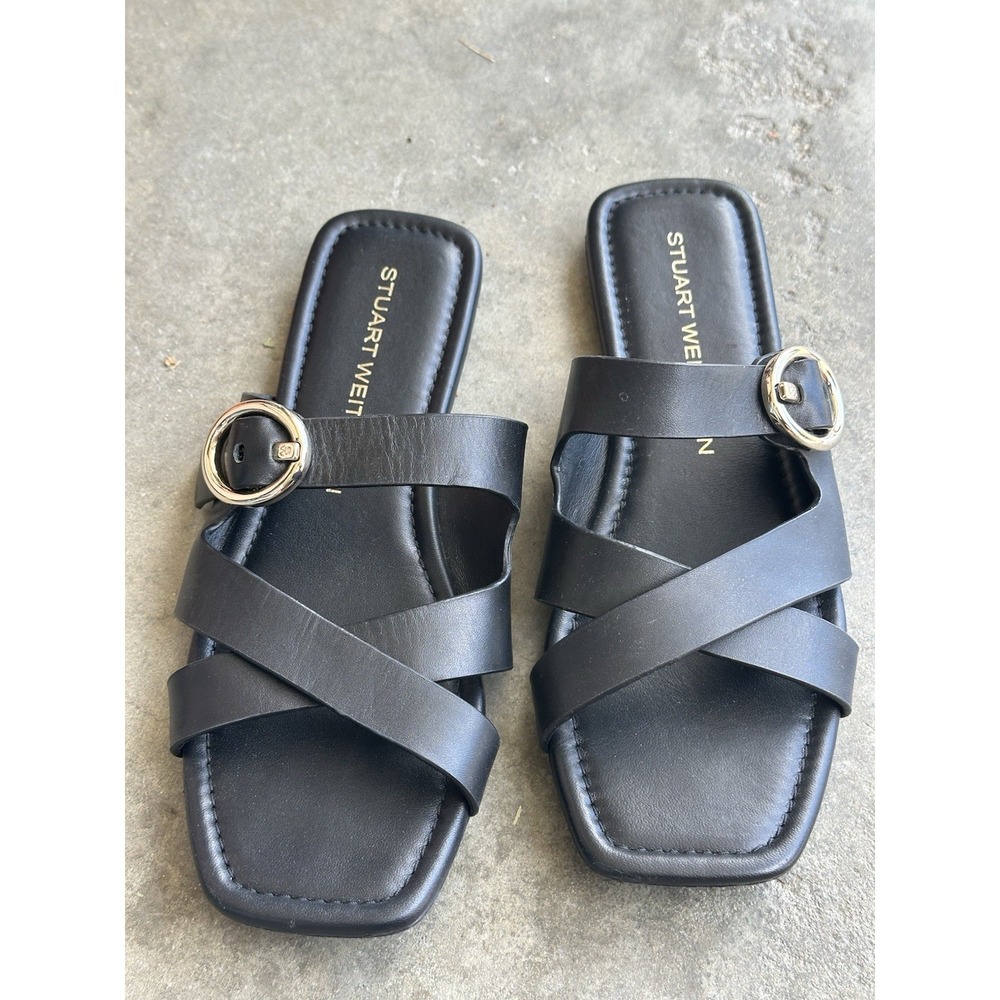 Stuart Weitzman Villa Slide Sandal Size 6 Black Leather Strappy Flats Slip on